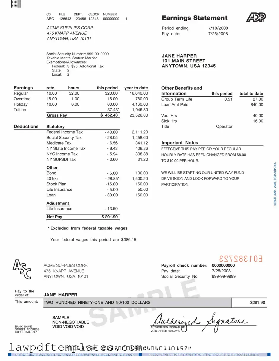 Fillable Adp Pay Stub Template