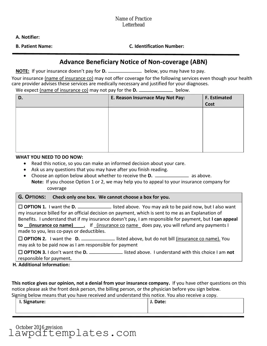 Fillable Advance Beneficiary Notice of Non-coverage Template