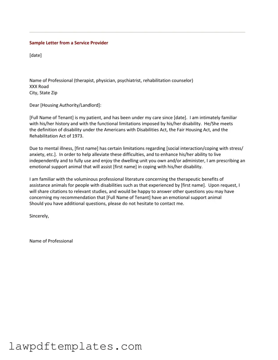 Fillable Emotional Support Animal Letter Template
