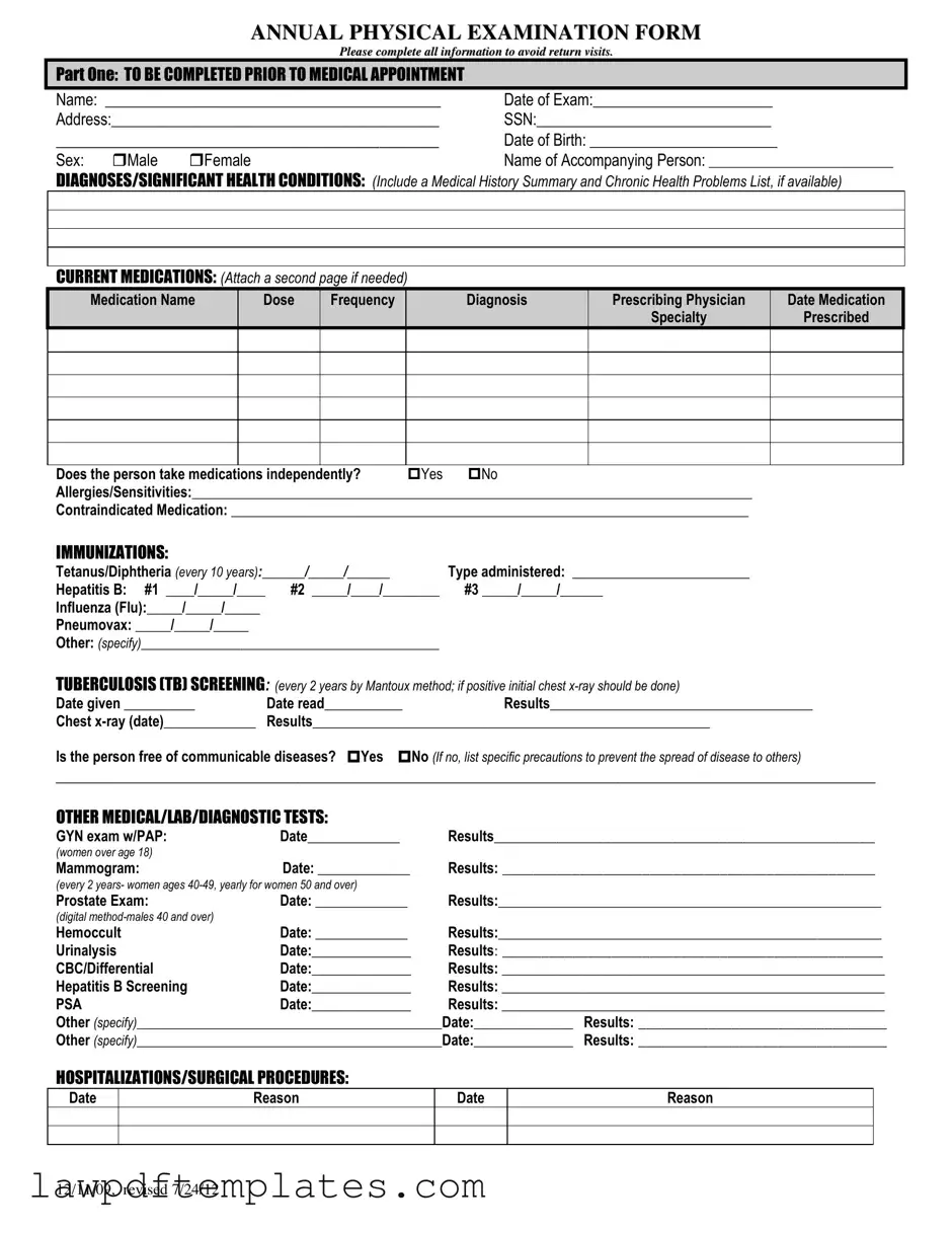 Fillable Annual Physical Examination Template