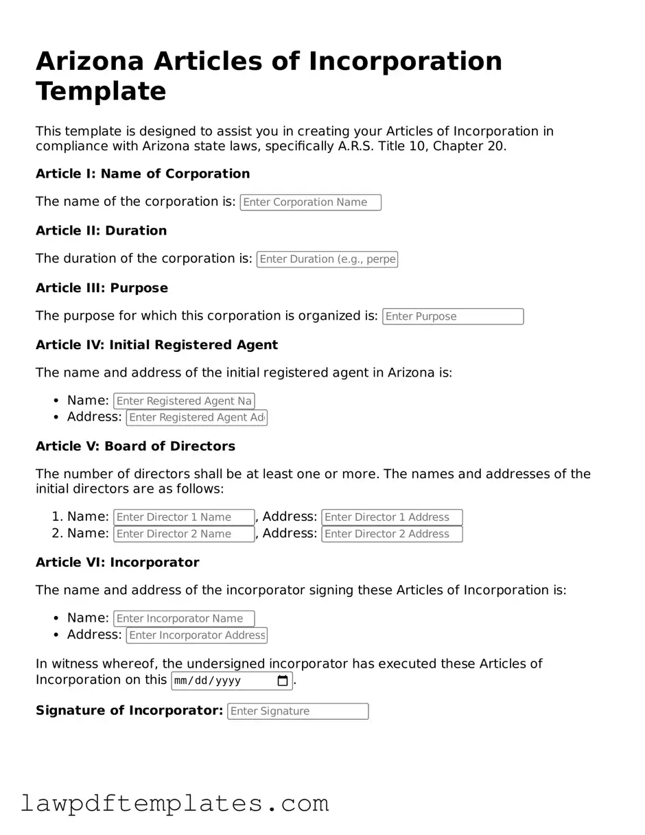 Free Articles of Incorporation Template for the State of Arizona