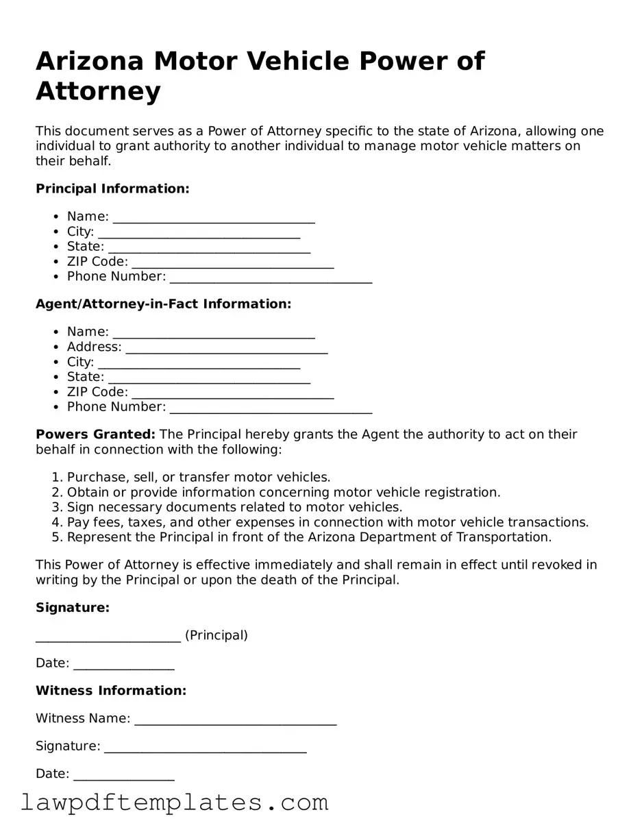 Free Motor Vehicle Power of Attorney Template for the State of Arizona