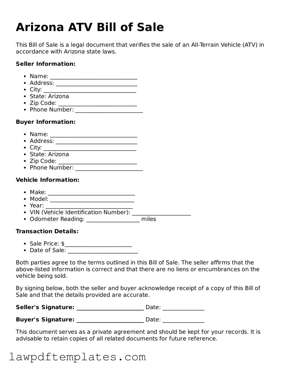 Free ATV Bill of Sale Template for the State of Arizona