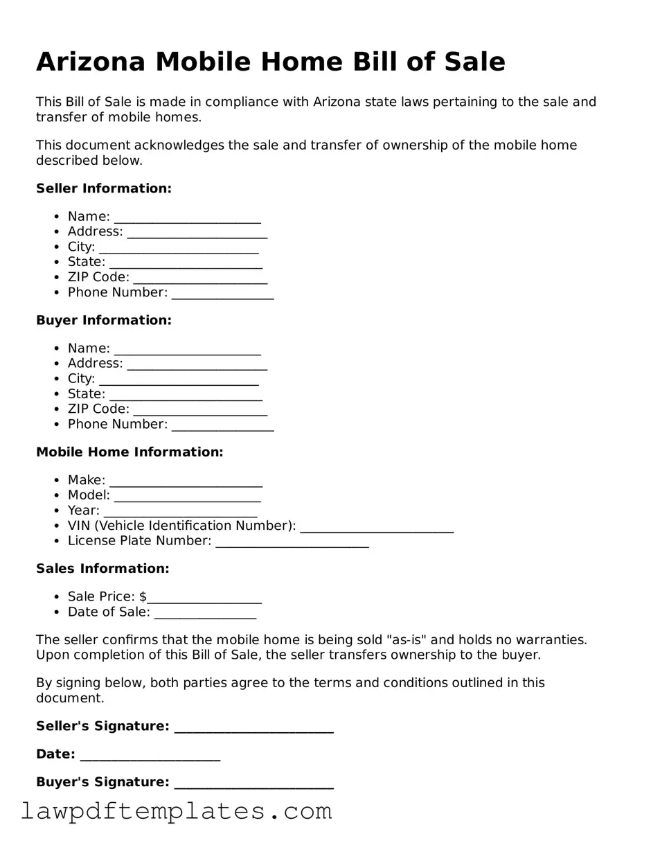 Free Mobile Home Bill of Sale Template for the State of Arizona