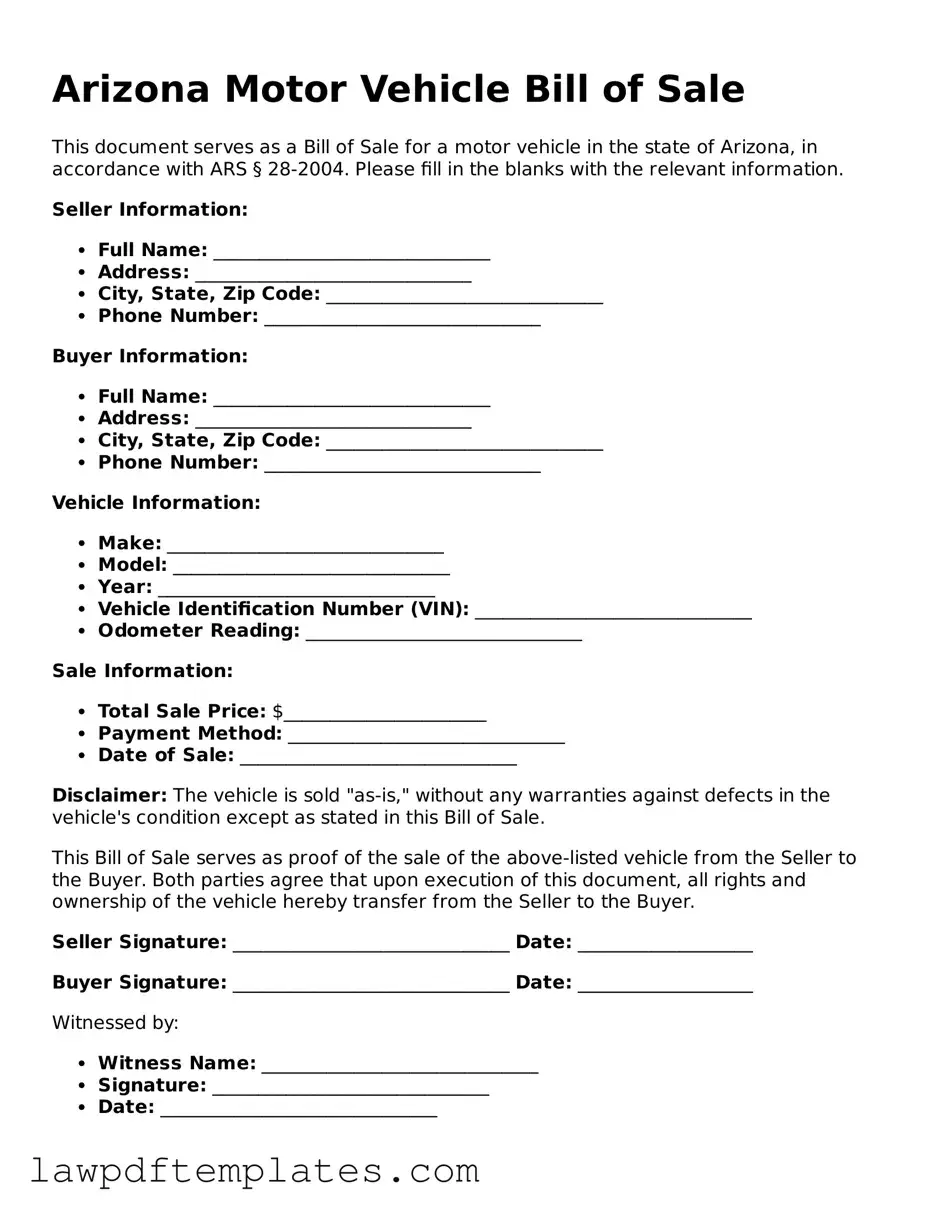 Free Motor Vehicle Bill of Sale Template for the State of Arizona
