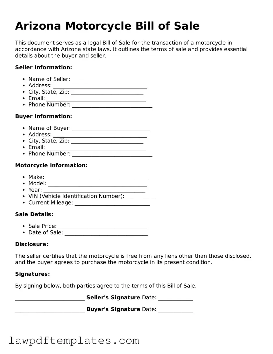Free Motorcycle Bill of Sale Template for the State of Arizona