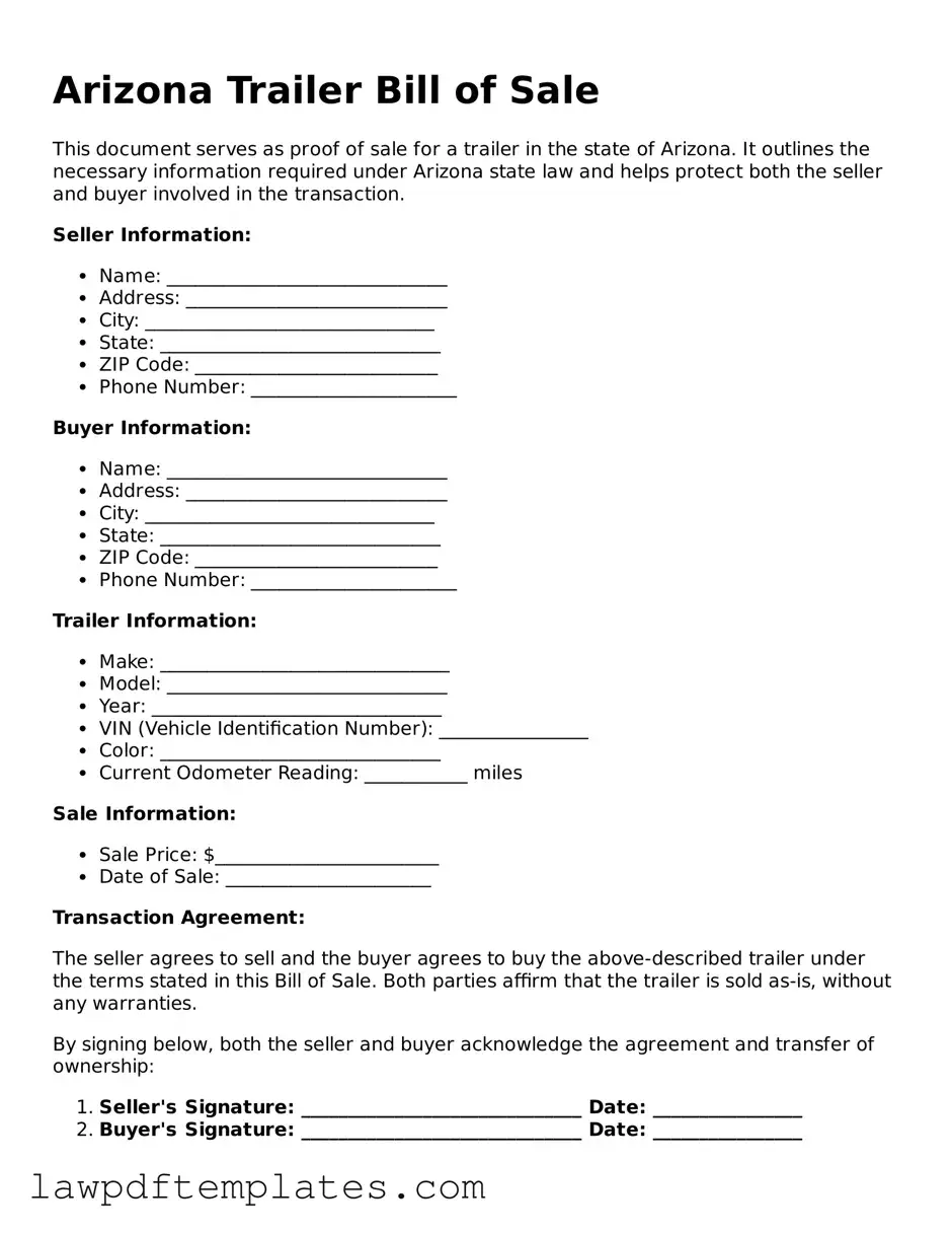 Free Trailer Bill of Sale Template for the State of Arizona