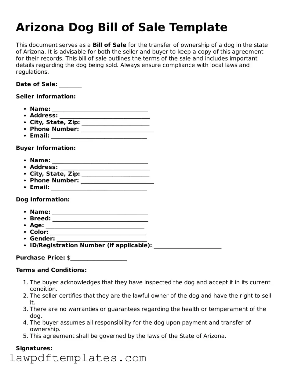 Free Dog Bill of Sale Template for the State of Arizona