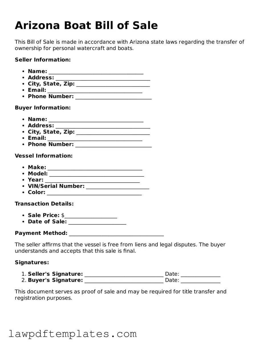 Free Boat Bill of Sale Template for the State of Arizona