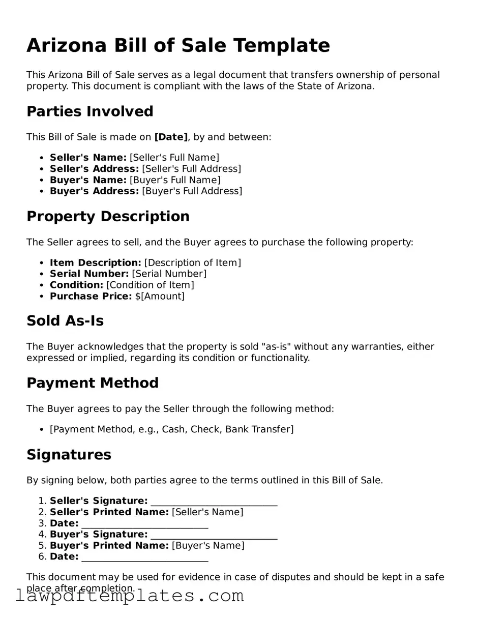 Free Bill of Sale Template for the State of Arizona