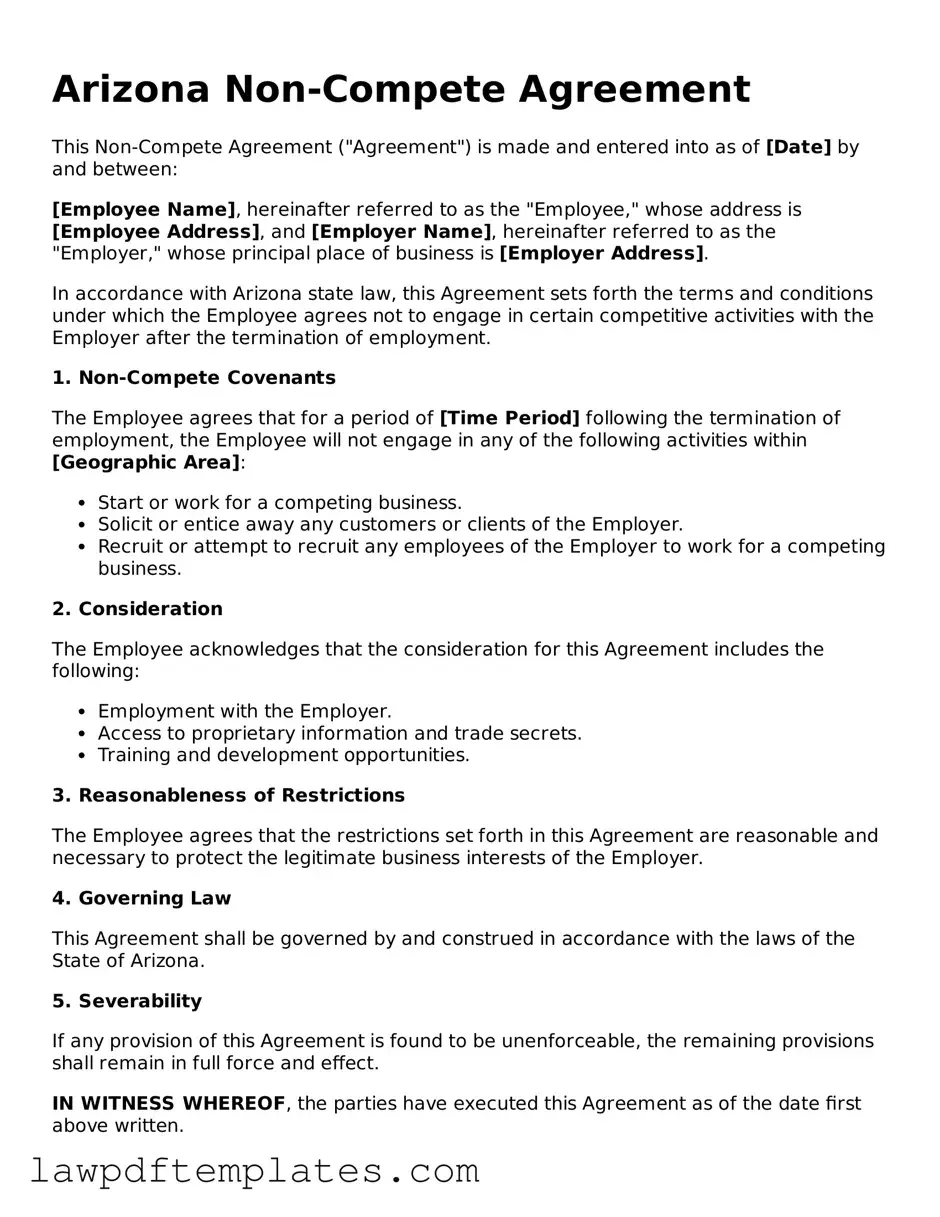 Free Non-compete Agreement Template for the State of Arizona