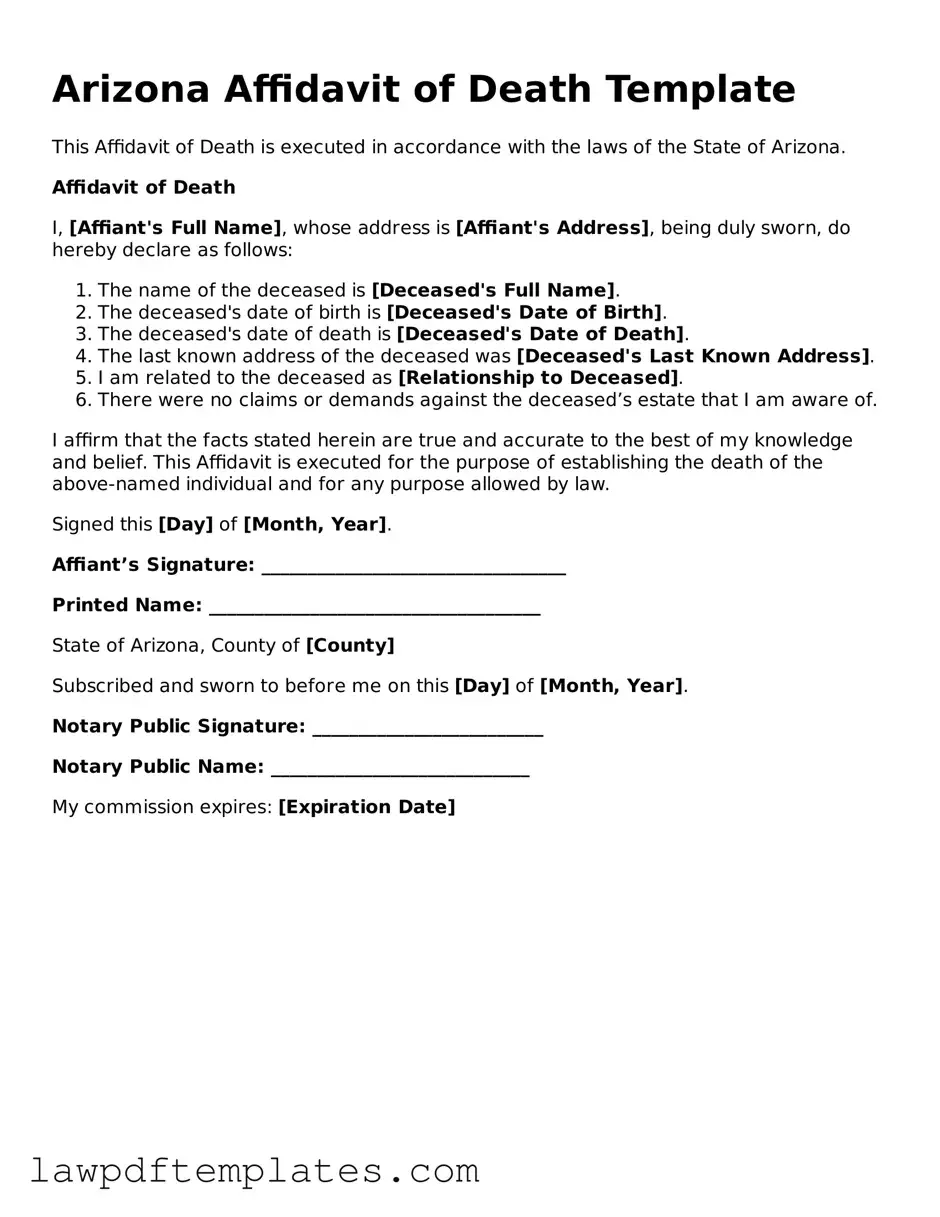 Free Affidavit of Death Template for the State of Arizona
