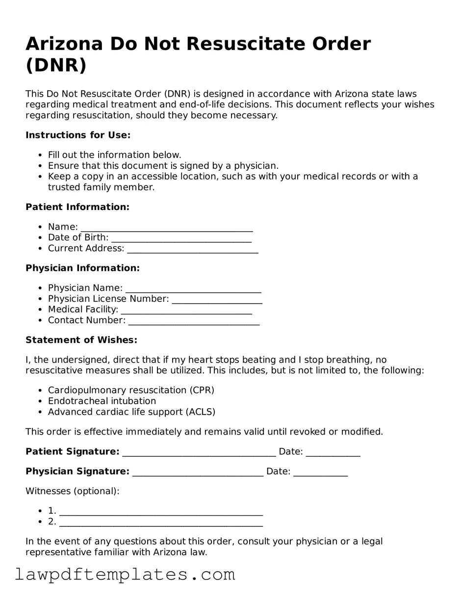Free Do Not Resuscitate Order Template for the State of Arizona