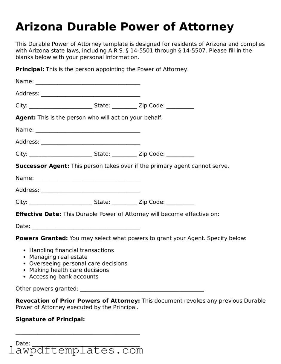Free Durable Power of Attorney Template for the State of Arizona