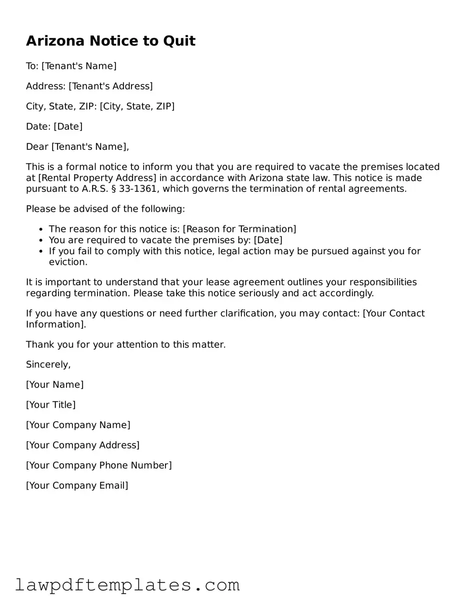 Free Notice to Quit Template for the State of Arizona