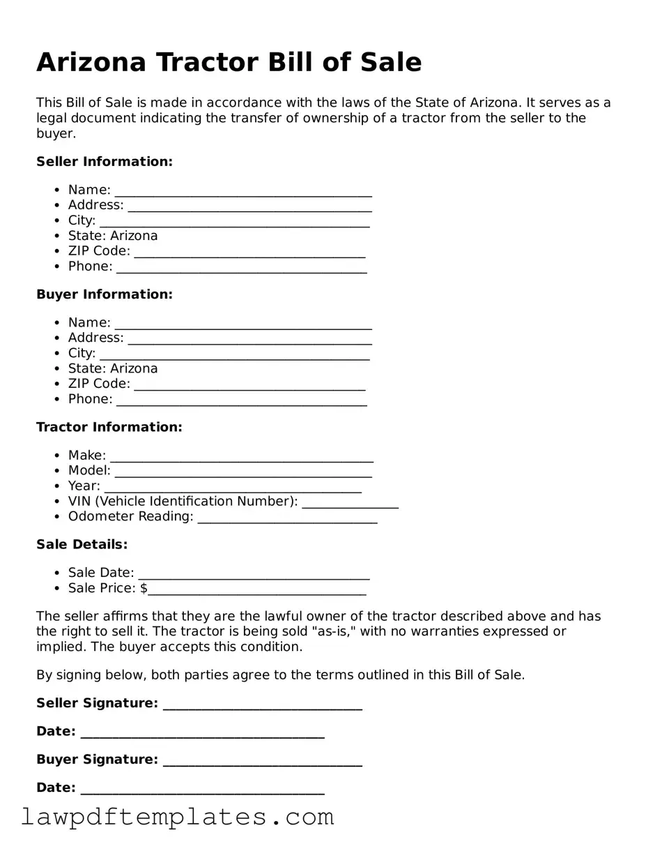 Free Tractor Bill of Sale Template for the State of Arizona