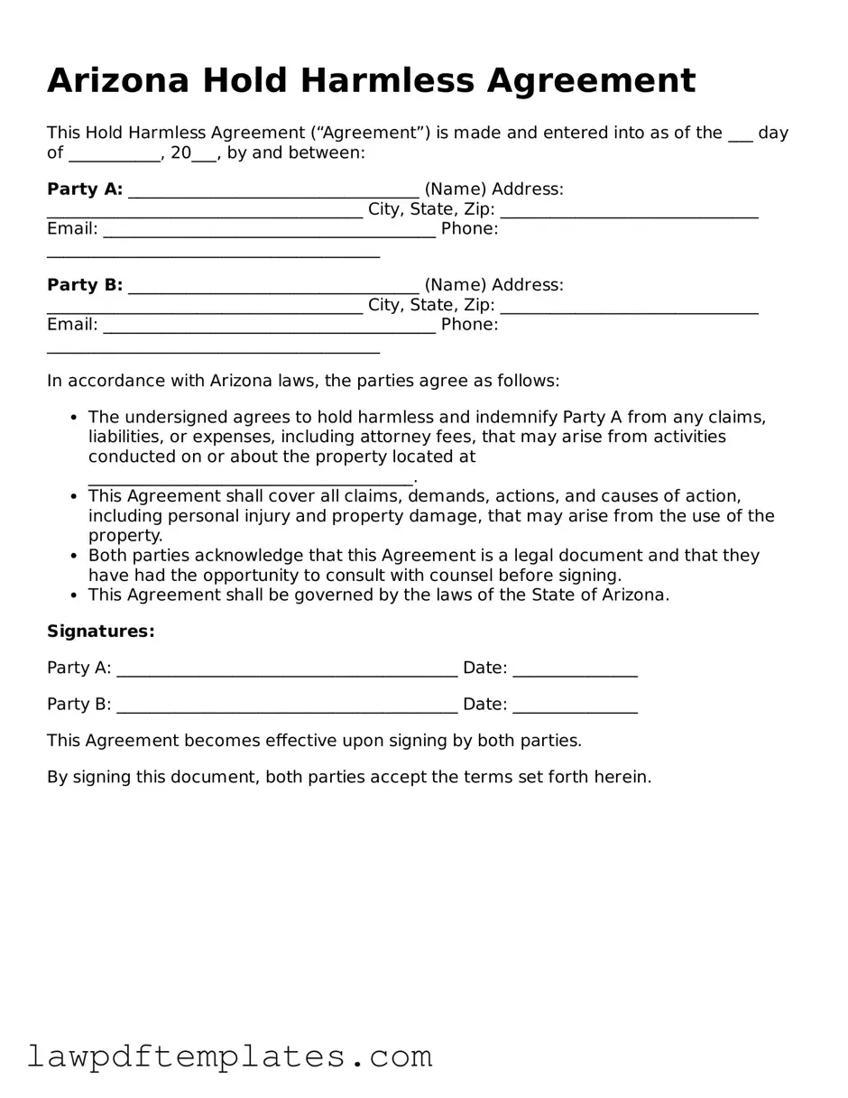 Free Hold Harmless Agreement Template for the State of Arizona