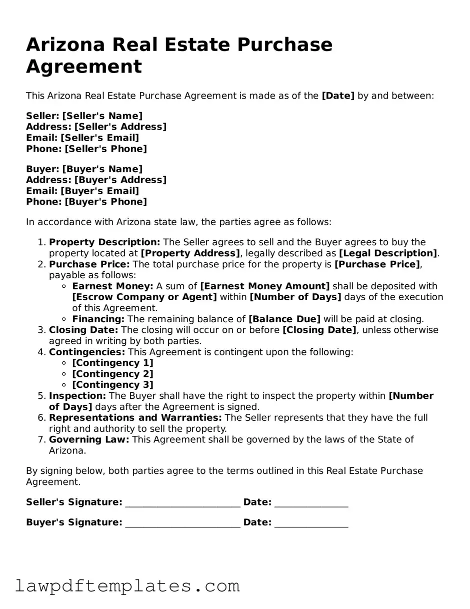 Free Real Estate Purchase Agreement Template for the State of Arizona