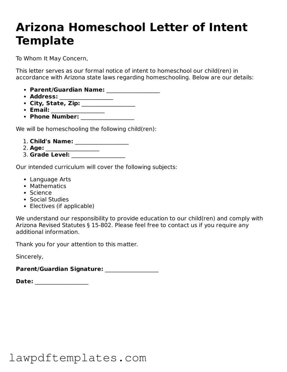 Free Homeschool Letter of Intent Template for the State of Arizona