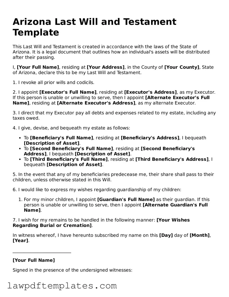 Free Last Will and Testament Template for the State of Arizona