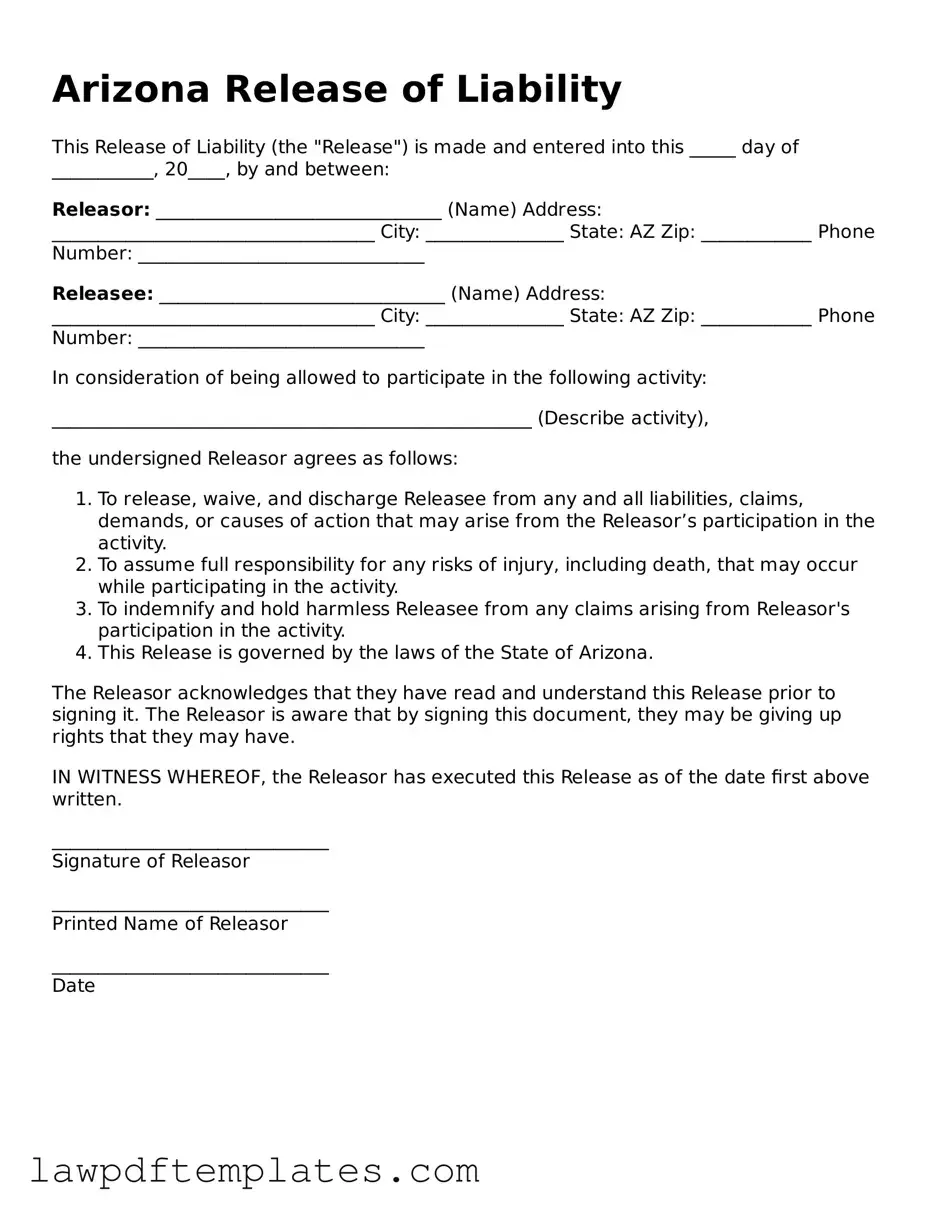 Free Release of Liability Template for the State of Arizona
