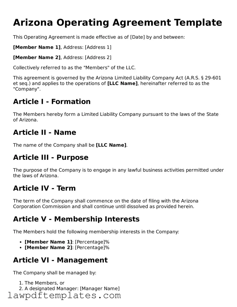 Free Operating Agreement Template for the State of Arizona