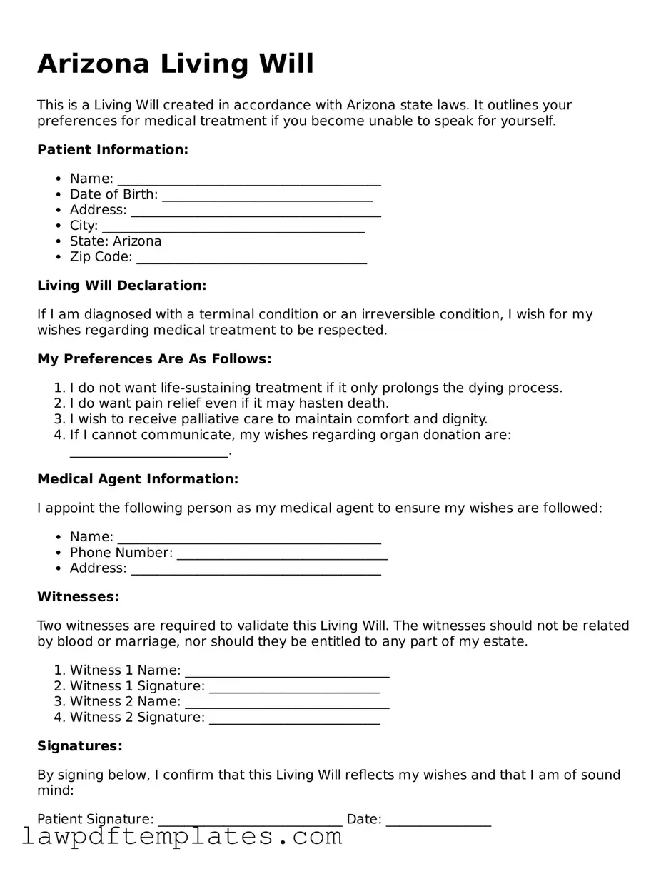 Free Living Will Template for the State of Arizona