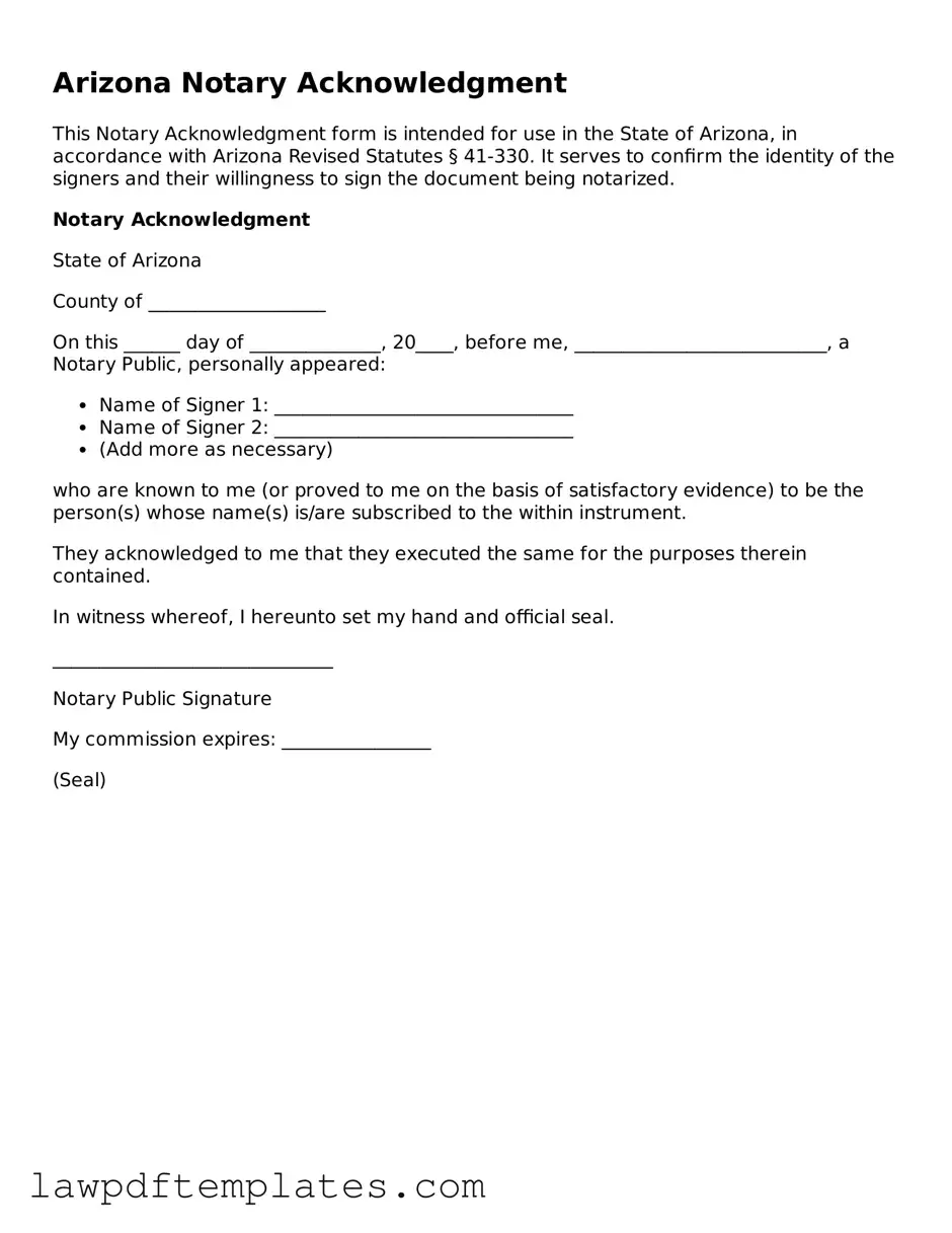Free Notary Acknowledgement Template for the State of Arizona