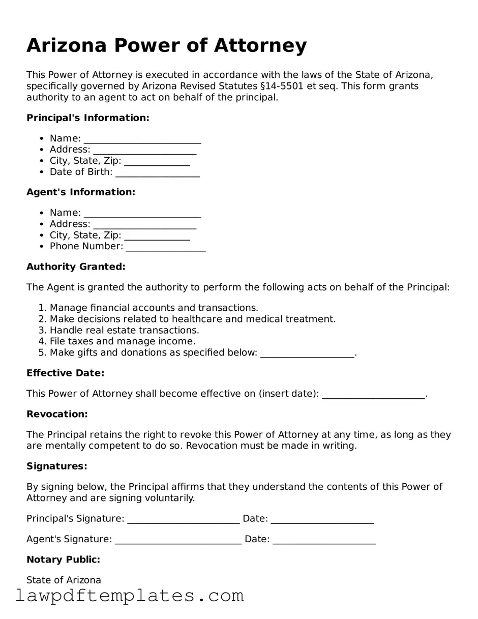 Free Power of Attorney Template for the State of Arizona