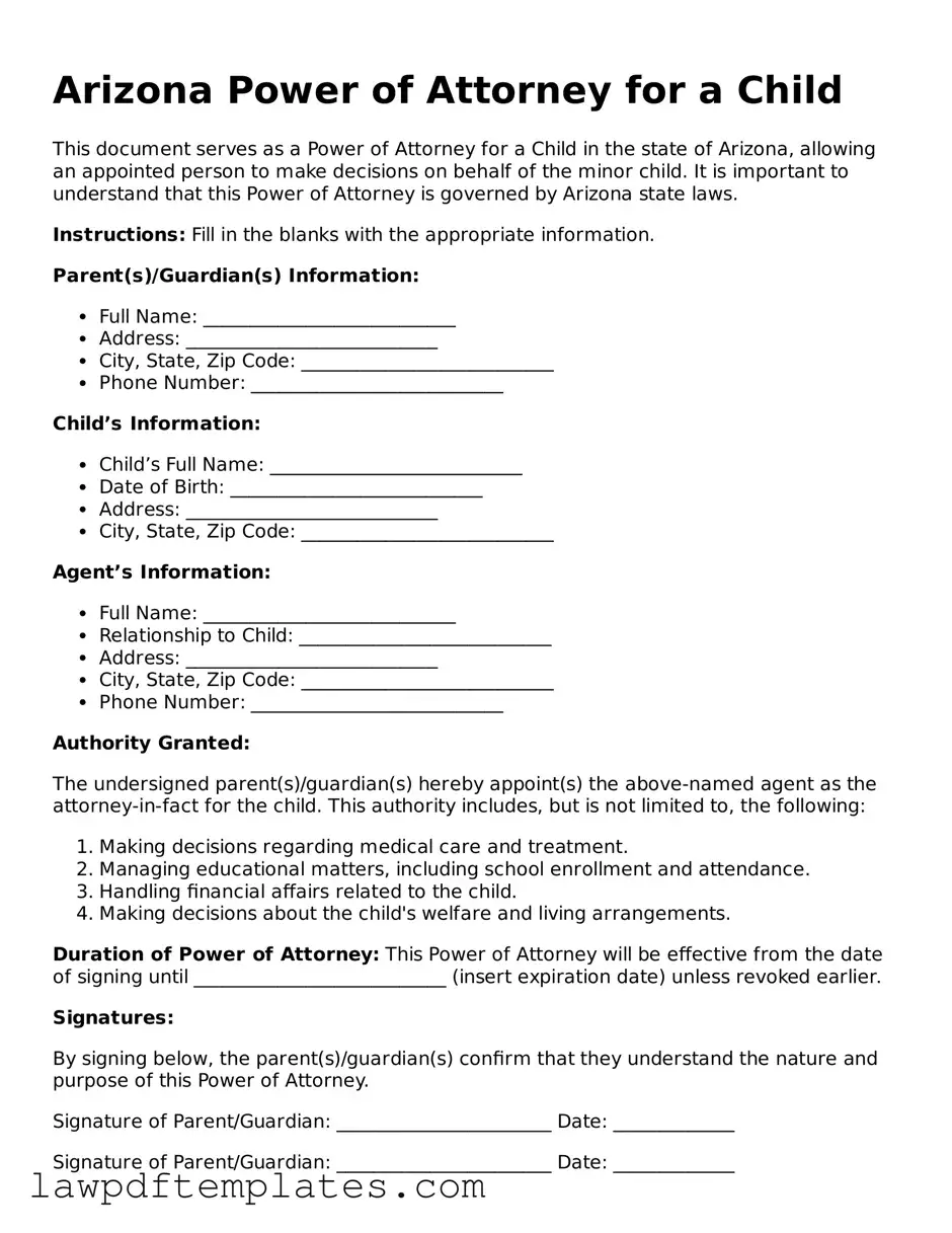 Free Power of Attorney for a Child Template for the State of Arizona