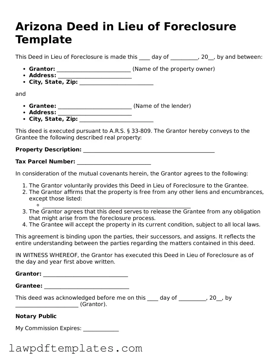 Free Deed in Lieu of Foreclosure Template for the State of Arizona