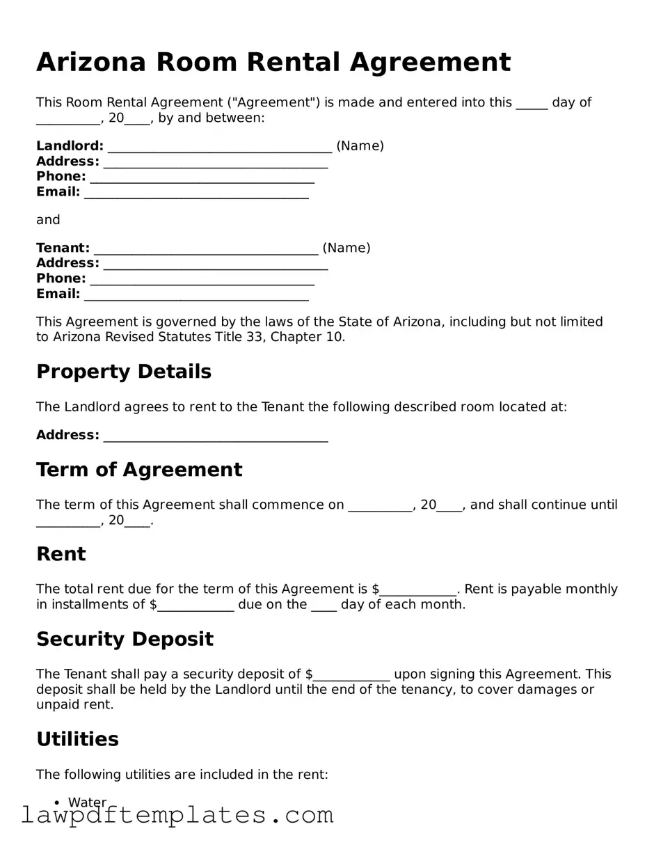 Free Room Rental Agreement Template for the State of Arizona