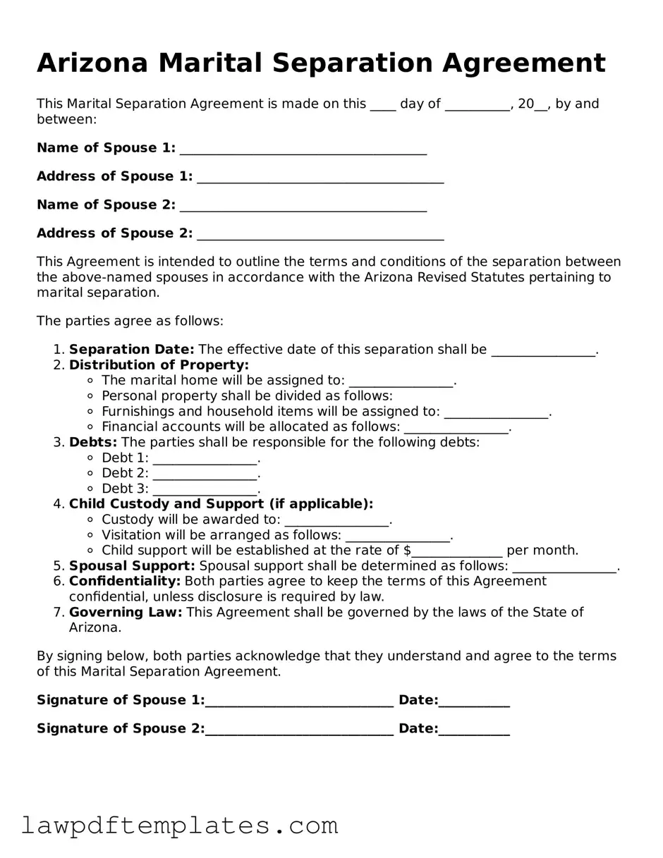 Free Marital Separation Agreement Template for the State of Arizona