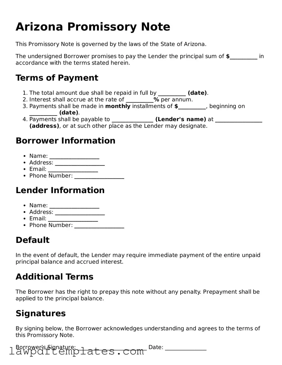 Free Promissory Note Template for the State of Arizona