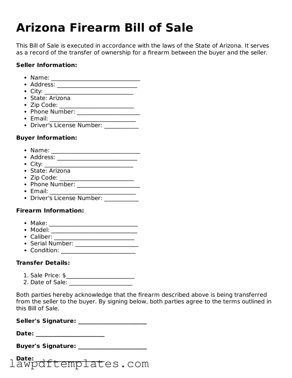 Free Firearm Bill of Sale Template for the State of Arizona