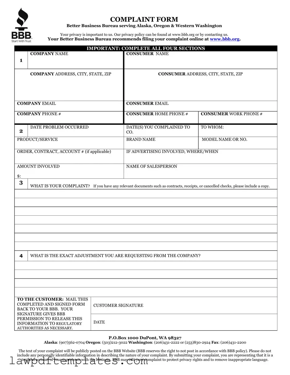 Fillable Bbb Complaint Template