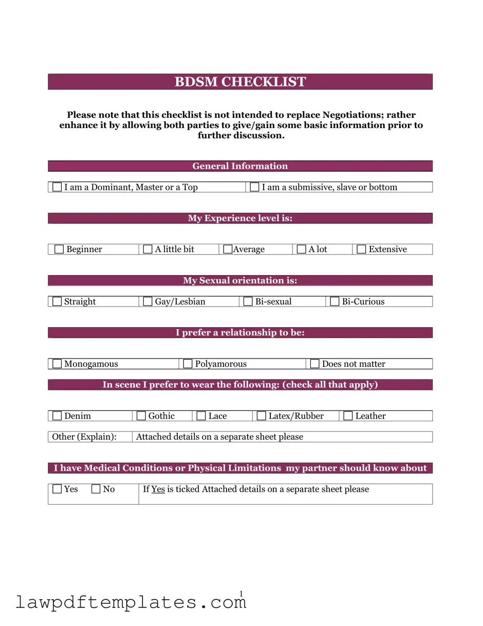Fillable Bdsm Checklist Template
