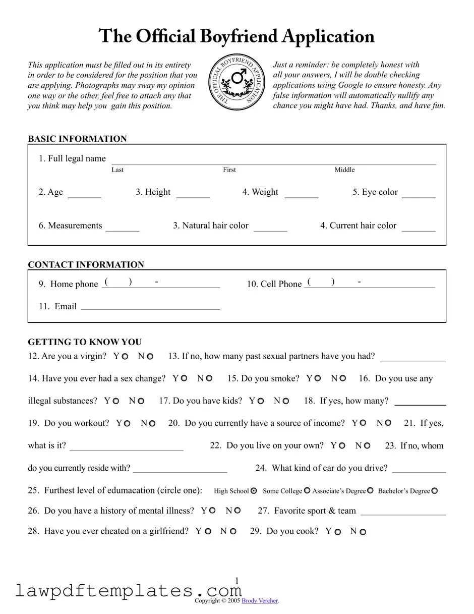 Fillable Boyfriend application form Template