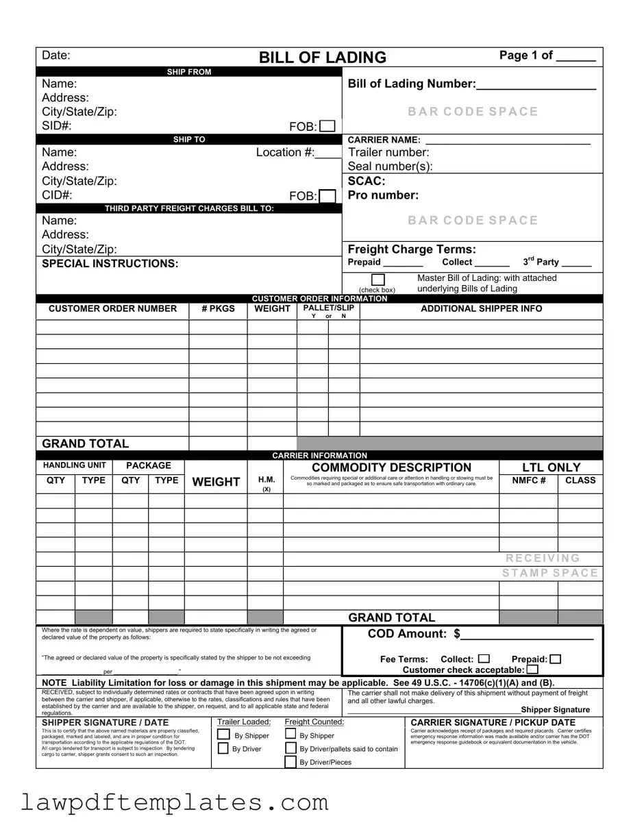 Fillable Bill of Lading with a Supplement Template