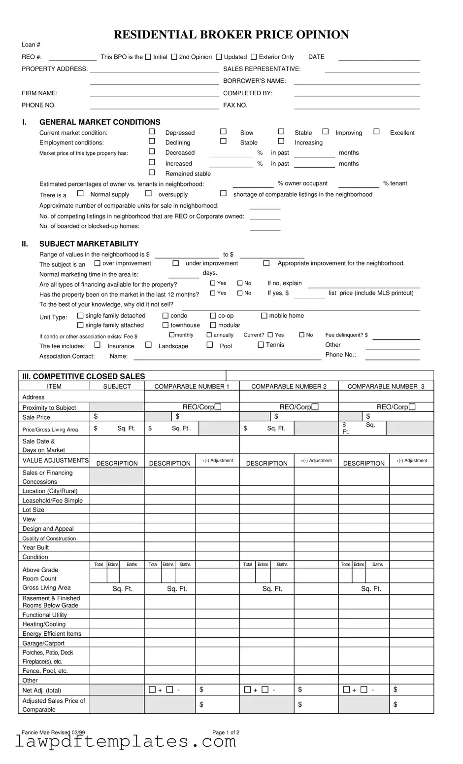 Fillable Broker Price Opinion Template