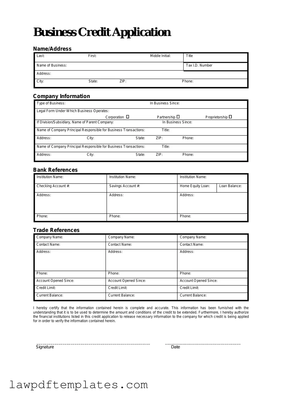 Fillable Business Credit Application Template