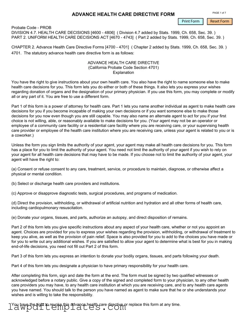 Fillable California Advanced Health Care Directive Template