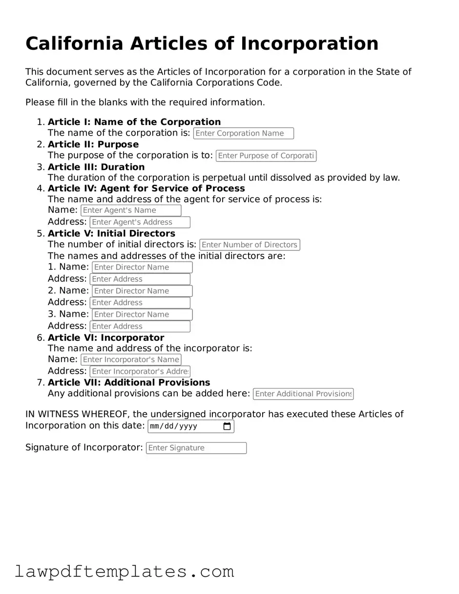 Free Articles of Incorporation Template for the State of California