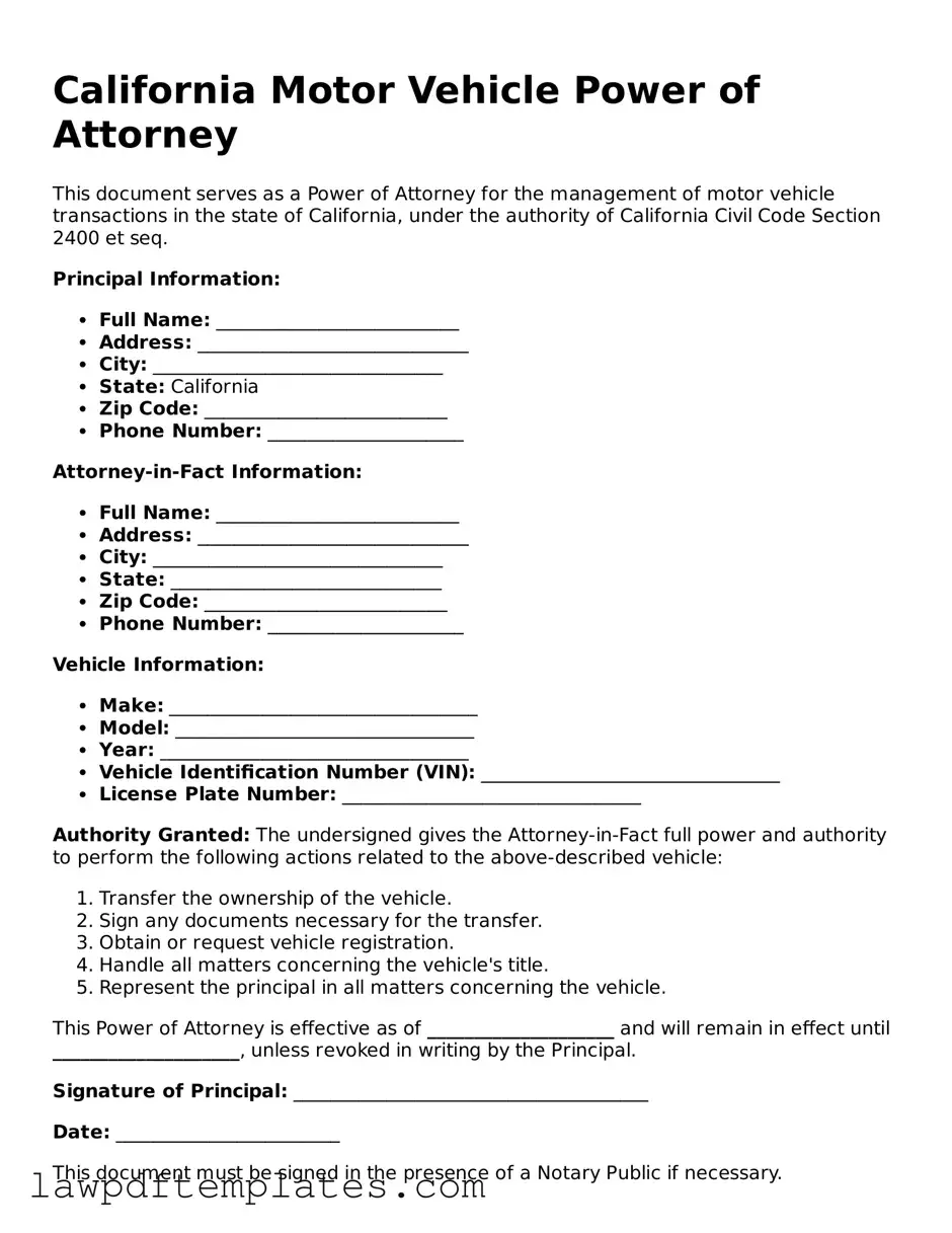 Free Motor Vehicle Power of Attorney Template for the State of California