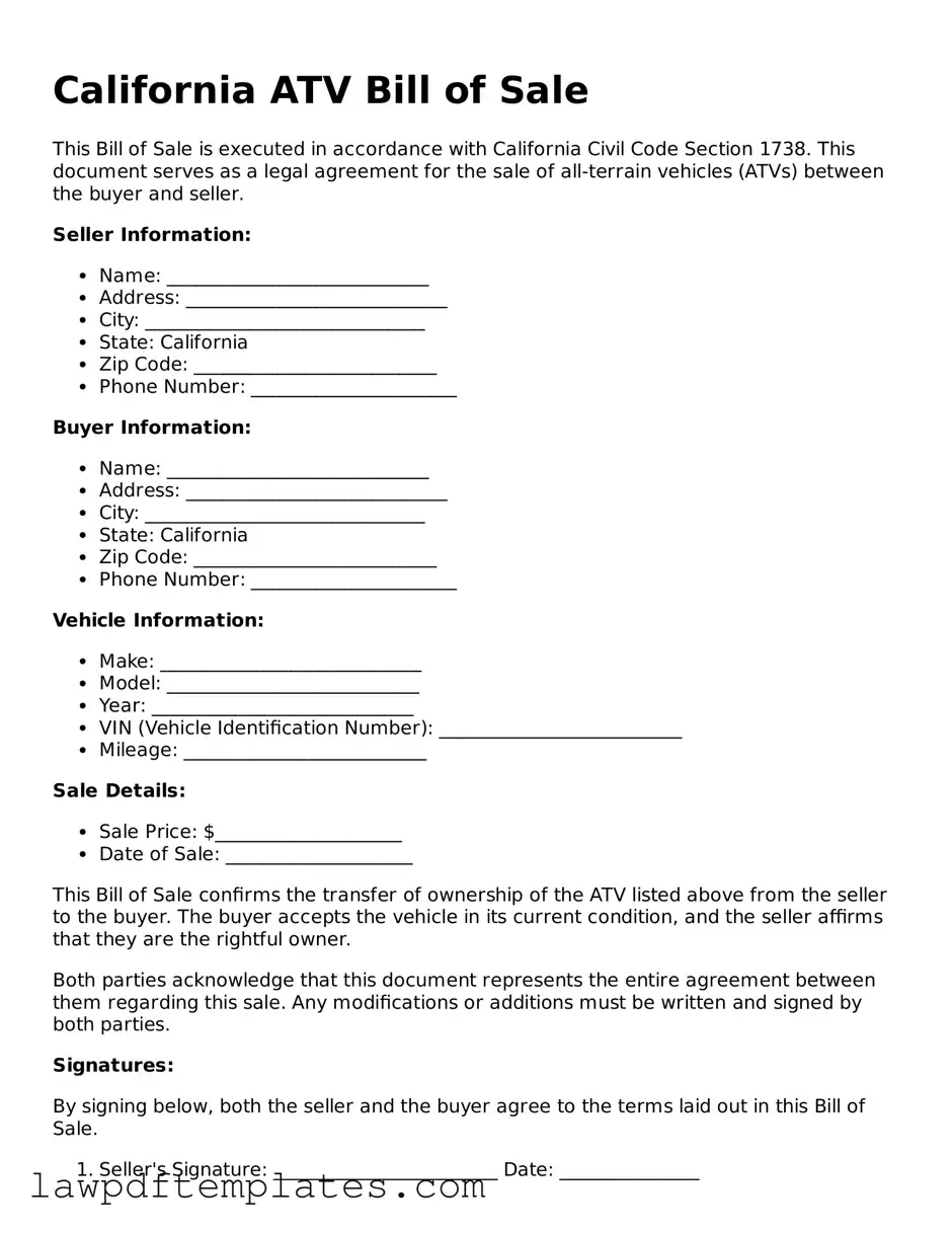 Free ATV Bill of Sale Template for the State of California