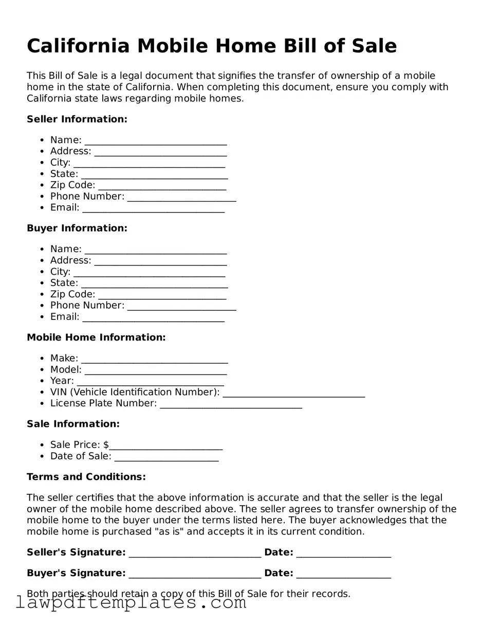 Free Mobile Home Bill of Sale Template for the State of California