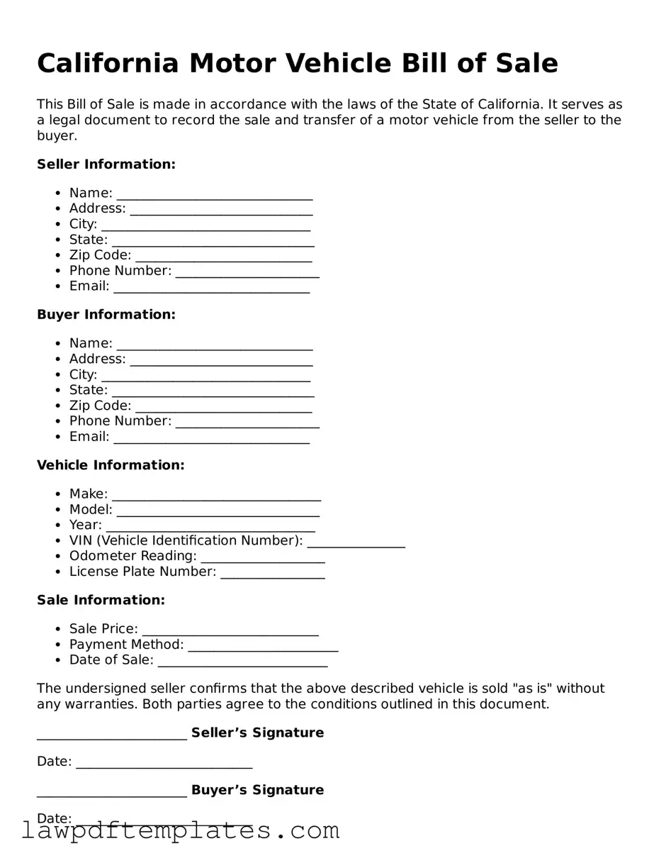 Free Motor Vehicle Bill of Sale Template for the State of California