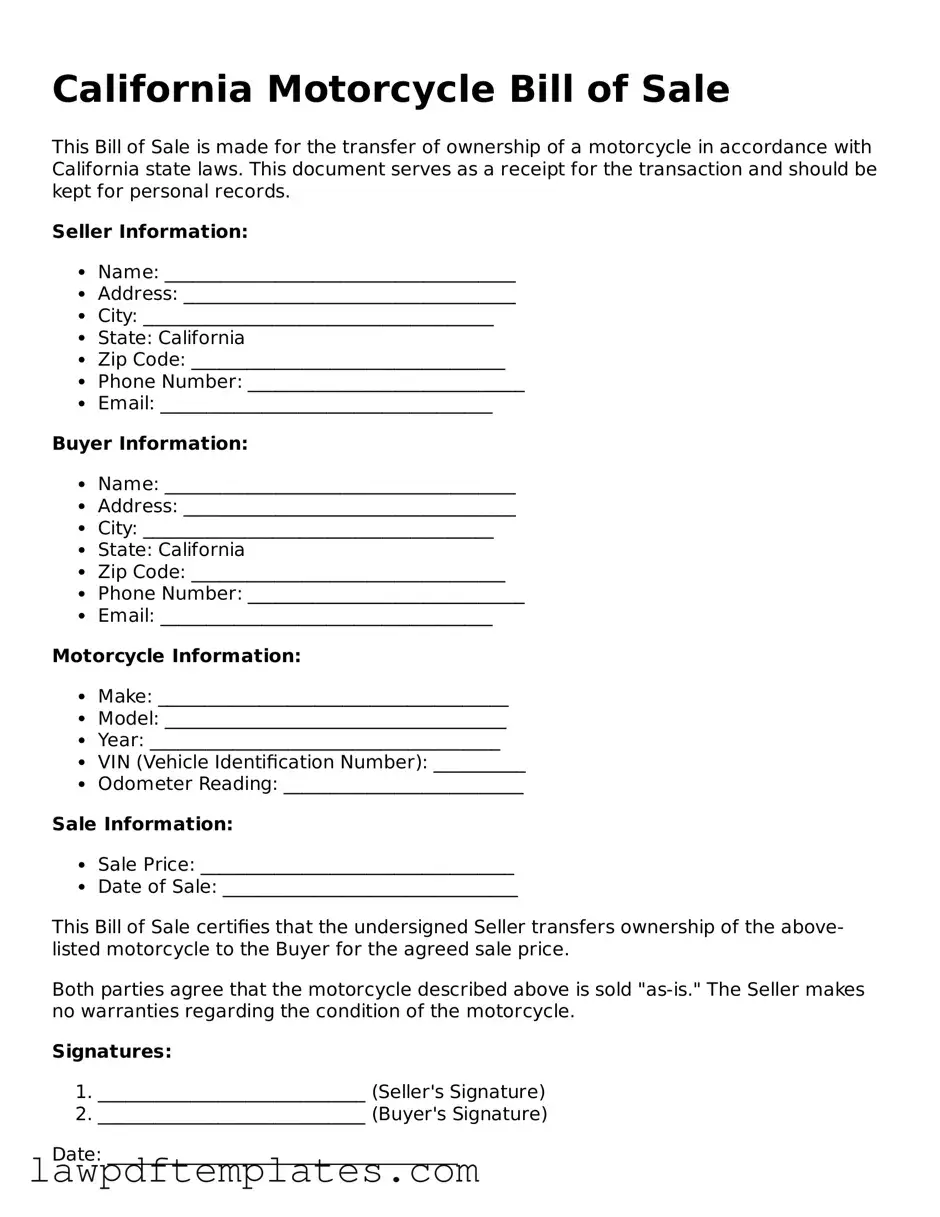 Free Motorcycle Bill of Sale Template for the State of California