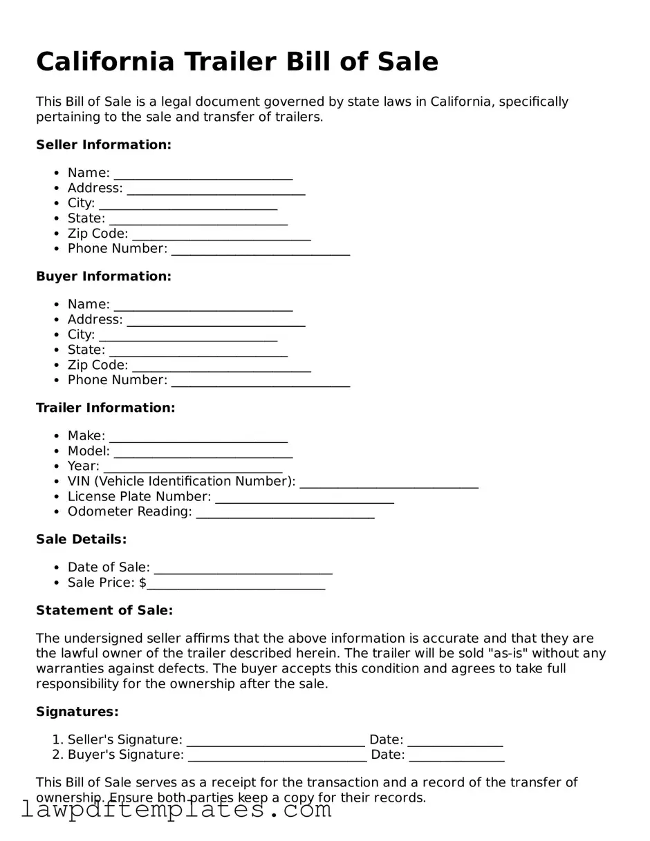 Free Trailer Bill of Sale Template for the State of California