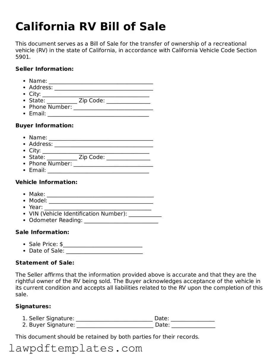 Free RV Bill of Sale Template for the State of California
